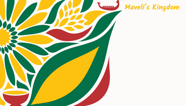 Flat Onam banner with sweeping petal gesture, payasam bowl, marigold-temple red for kerala festival promo design