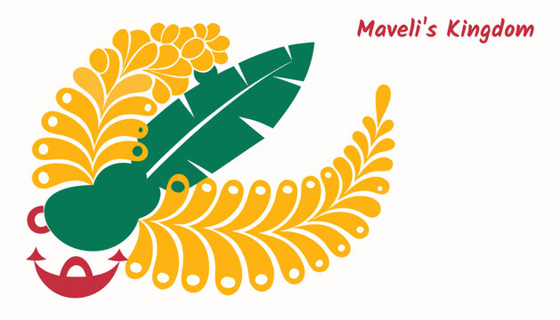 Bold flat Onam art with sweeping gestures, oversized banana leaf, kanikonna, scale contrast for harvest celebration web design