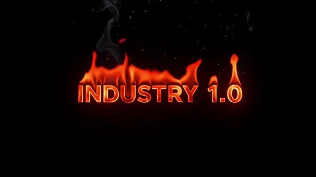 Industry 1.0 text featuring dynamic orange flames and rising grey smoke against a deep black backdrop creating a high contrast cinematic motion video clip that highlights manufacturing evolution with 