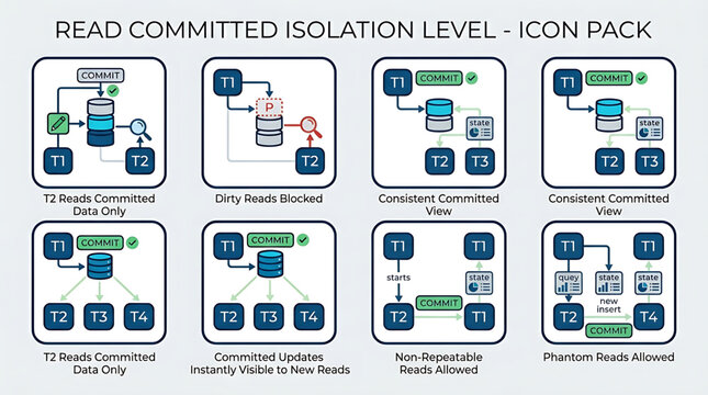 Database isolation levels diagrams show Read Committed setting with icons and flowcharts explaining transaction visibility and locking mechanisms.
