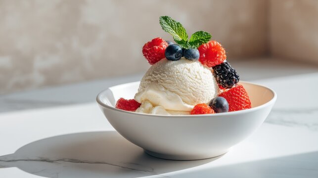 Delicious vanilla ice cream sundae topped with fresh berries and mint leaves. Refreshing scoop of creamy vanilla ice cream adorned with vibrant raspberries, blueberries, blackberries, strawberry slice