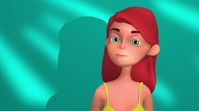 3d animation, one cartoon character speaking face camera on blue background