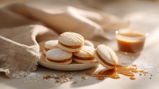 Delicious alfajores cookies with caramel filling and powdered sugar dusting. Gourmet alfajores cookies are delightful treat, perfect for any occasion, showcasing homemade goodness traditional flavors