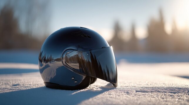 Glossy black motorcycle helmet resting on snowy surface during winter sunset. Sleek, dark motorcycle helmet is positioned on snow-covered ground in background during golden hour sunset