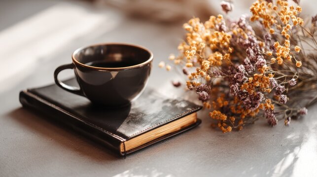 Cozy morning scene with coffee, journal, dried flowers bathed in sunlight. Ceramic mug filled with coffee rests on leather-bound journal next to bouquet of dried flowers, illuminated by morning light