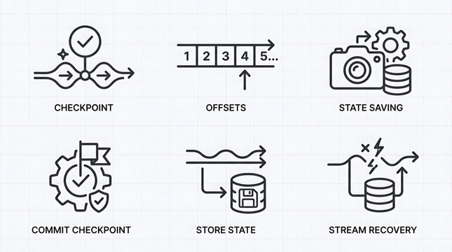 Database recovery icons show checkpoint, offset, state saving, commit checkpoint, store state, and stream recovery processes.