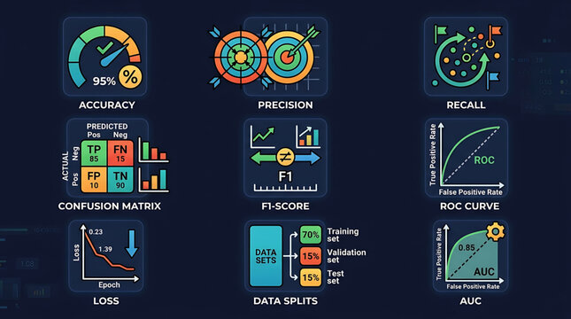 Machine learning metrics and statistical analysis displayed on various charts and graphs in a technical setting