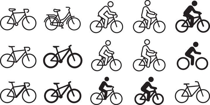 Collection of fifteen bicycle icons showing various models and riders in silhouette and outline styles across three rows.