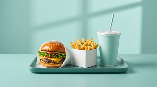 Minimalist fast food combo with cheeseburger french fries and soda cup on teal background