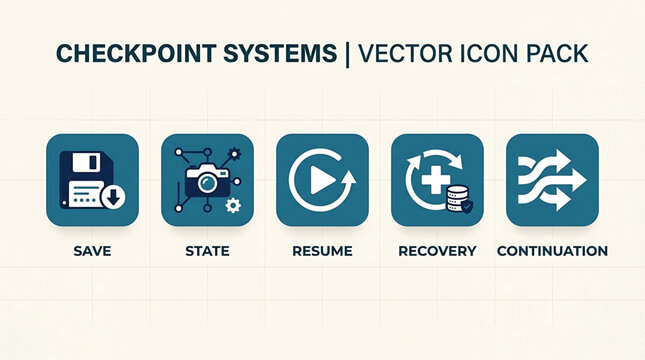 Vector icons illustrate checkpoint systems with save, state, resume, recovery and continuation symbols