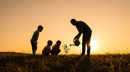Fototapeta premium Family planting a tree together at sunset silhouette against golden sky
