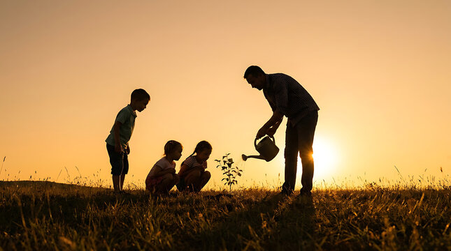 Family planting a tree together at sunset silhouette against golden sky