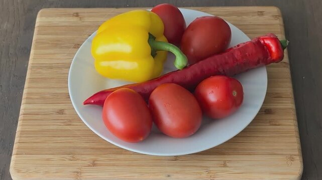 Vegetables being prepared for slicing on a wooden board in a kitchen setting