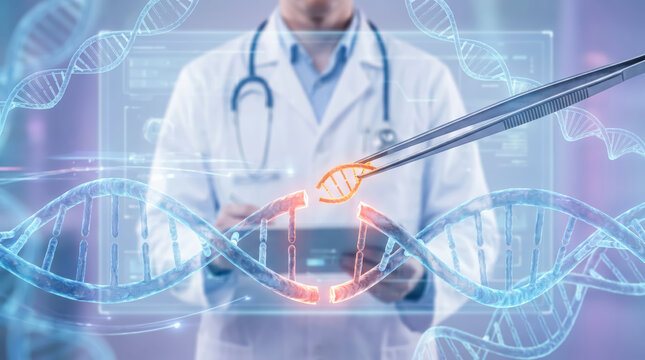 Gene editing and genetic engineering concept with doctor and tweezers modifying dna double helix