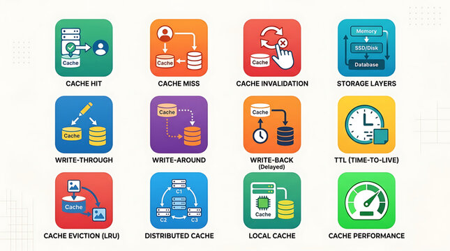A detailed illustration of various cache systems and performance metrics on a computer screen with multiple icons.