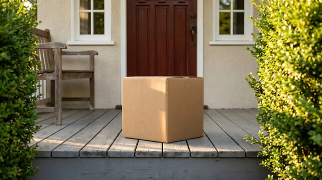 Package delivery on front porch with wooden bench and green shrubbery