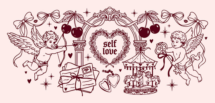 Self love concept, romantic heart illustration, vintage cherub angel, carousel merry go round, cherry fruit decoration, love letter post, romantic aesthetic theme, decorative vintage frame

self, love
