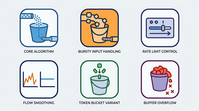 A graphic illustration of six algorithm concepts including core algorithm, burst input handling, rate limit control, flow smoothing, token bucket variant, and buffer overflow.