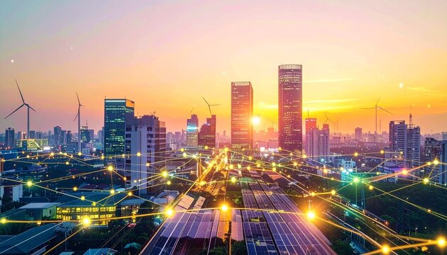 Smart city renewable energy infrastructure at sunset with renewable turbines technology infrastructure sustainability