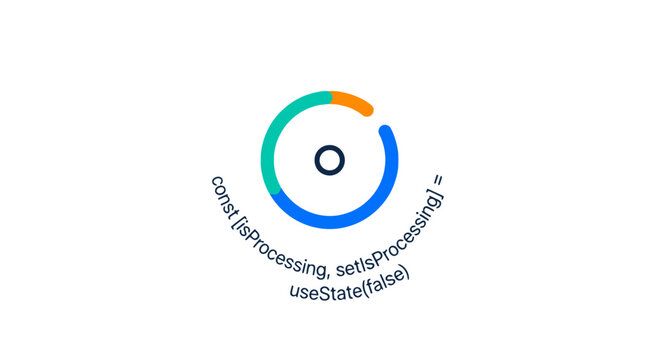 Circular progress indicator with code snippet showing React useState hook for processing state management.