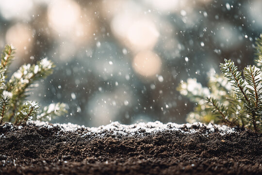Close-up of soil with falling snow and pine branches in the background