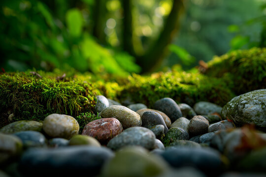 Close up of smooth pebbles on a mossy forest floor, bathed in dappled sunlight