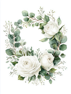 A wreath of white roses and eucalyptus leaves, symbolizing purity and new beginnings, on a white background