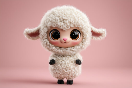 A cute cartoon sheep with big eyes and fluffy wool on a pink background, illustration