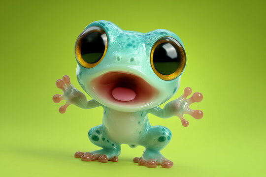 A cute blue and green toy frog with big eyes and an open mouth, with green background