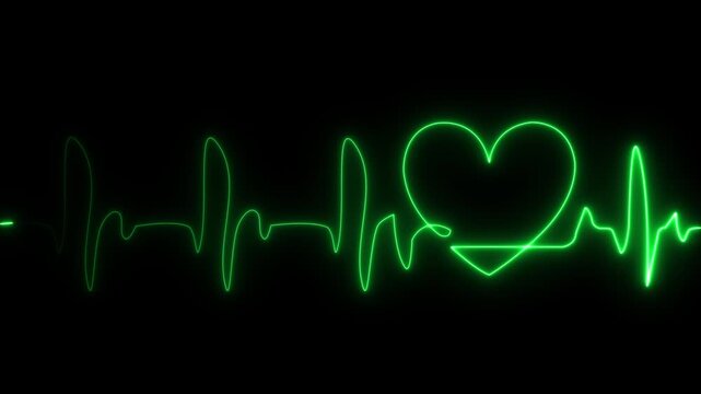 A vibrant green neon heartbeat line with a heart shape symbol isolated on a black background representing medical pulse and health concept