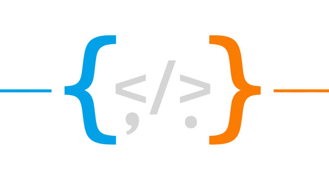 Abstract representation of programming code with curly braces and symbols.