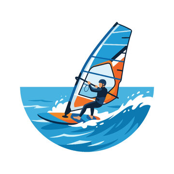 A windsurfer glides across ocean waves in a flat vector style