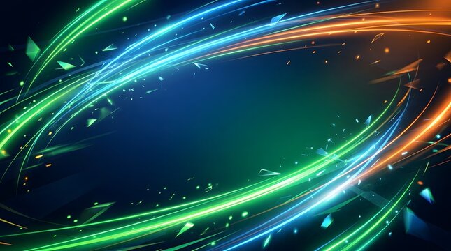 Dynamic sports championship background with swirling green and orange light trails and particles.