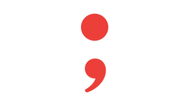 A red semicolon punctuation mark on a plain white background, symbolizing grammar and writing.