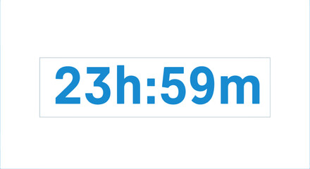 Fototapeta premium A digital display showing 23 hours and 59 minutes in bold blue text on a white background, representing a countdown or time duration.