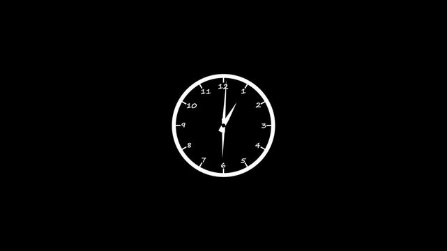 Simple white analog clock face with black numbers and hands isolated on a deep black background for dark mode interface or time concepts
