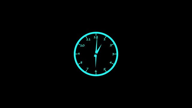 Glowing cyan analog clock face with thin circular frame and numbers isolated on a solid black background for digital time display concepts
