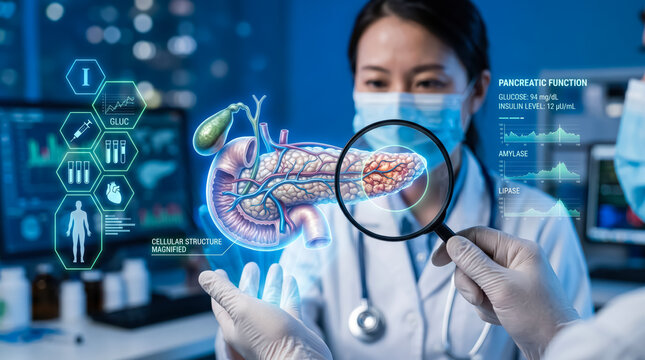 Doctor analyzing holographic 3d model of human pancreas in medical laboratory