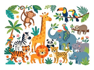 Naklejka premium Cute cartoon jungle animals collection with tropical plants