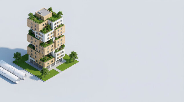 Eco friendly building blocks design with rooftop garden create calm modern city vibe. Future innovation sustainable structure. modern green construction, architecture environmentally friendly