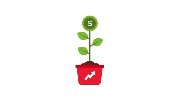 Animated green plant sprout growing in red flower pot with rising arrow icon on white, concept of financial success and green economy.