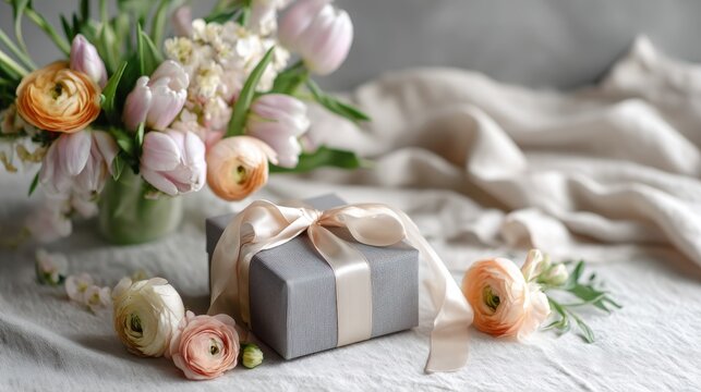 Elegant gift box with satin ribbon and delicate floral arrangement. A beautifully wrapped present sits beside a soft bouquet of pastel flowers, evoking feelings of celebration and thoughtfulness