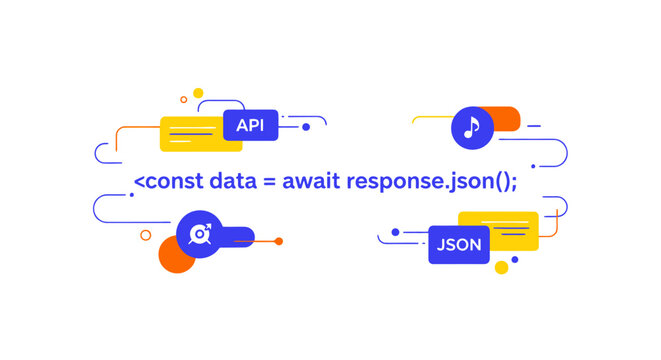 Illustration depicting API data fetching and JSON parsing in web development with a JavaScript code snippet.