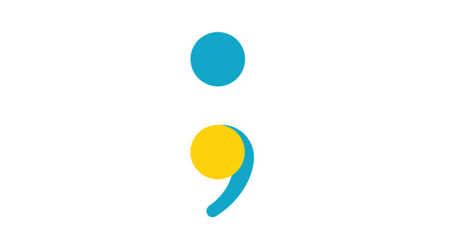 A stylized semicolon symbol with a blue dot on top and a blue comma shape below, partially covered by a yellow circle.