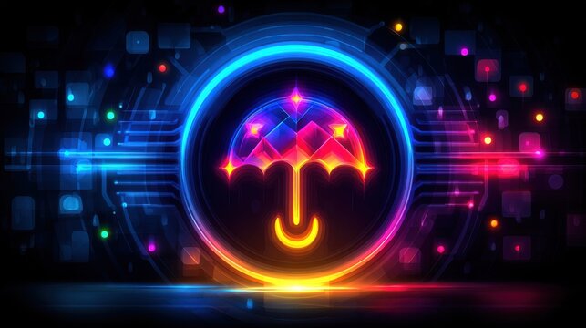 Abstract glowing umbrella icon inside neon digital circuit board background. Vibrant neon umbrella symbol is illuminated within circular frame against dark backdrop digital circuitry glowing particles