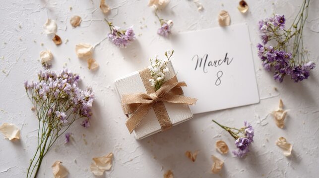 International Women's Day celebration with gift and flowers on March 8th. A beautifully arranged composition featuring a gift box, delicate flowers, and a card indicating March 8th