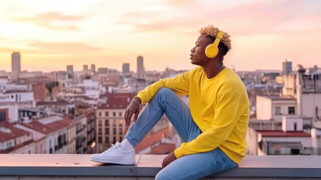 Black young man wearing headphones sitting on rooftop edge at sunset. Urban skyline view with modern architecture. Panning camera movement.