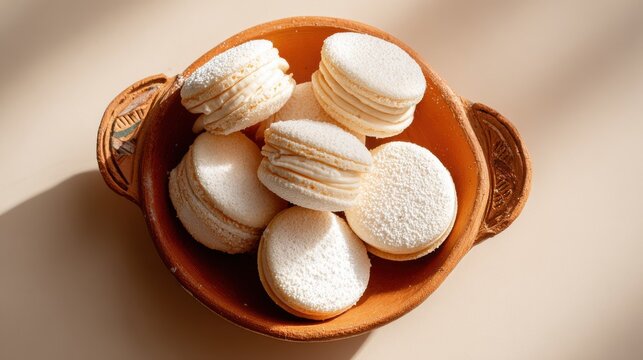 Delicate white macarons dusted with powdered sugar in rustic clay bowl. Several creamy white macarons, lightly dusted with powdered sugar, nestled in handcrafted terracotta dish
