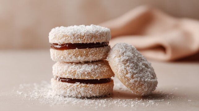 Delicious alfajores cookies filled with dulce de leche coated in coconut flakes. Stack of traditional alfajores cookies, dusted with shredded coconut, showcasing their sweet filling homemade appeal