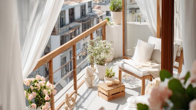 Cozy balcony oasis with flowers and city view, perfect for relaxation. A serene balcony decorated with blooming flowers and comfortable seating, offering a peaceful escape with an urban backdrop